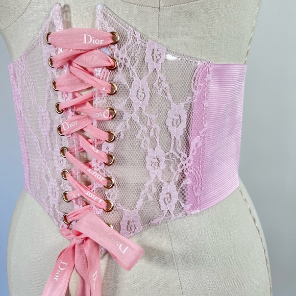 Vintage pink lace Y2K cinch waist underbust lolita corset with Dior ribbon - Picture 2 of 7